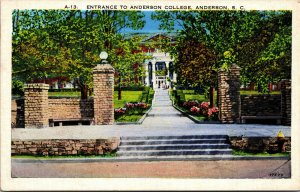 Vtg Entrance to Anderson College Anderson South Carolina SC Postcard