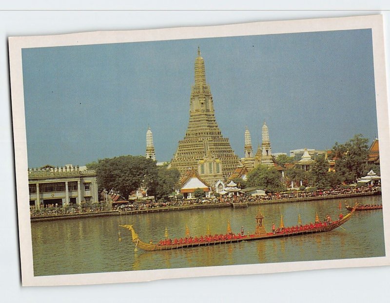 Postcard Royal Barge Supannahongse in Procession Passed Wat Arun Thailand