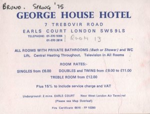 George House Hotel Earls Court London 1975 Map Card Ephemera