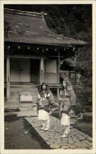 Japan Japanese Women on Rock Path - Bldg c1920s-30s Real Photo Postcard