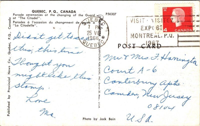 Quebec PQ Canada Parade Guard Citadel Postcard PM Cancel WOB Note VTG Vintage 