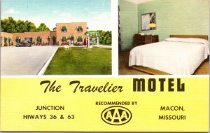 Linen Postcard The Traveler Motel Highwways 36 & 63 in Macon, Missouri