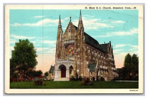 Vintage 1944 Linen Postcard St Mary RC Church Daytime Stamford Connecticut