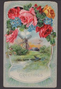 Birthday Greetings with flowers and Windmill - embossed - DB