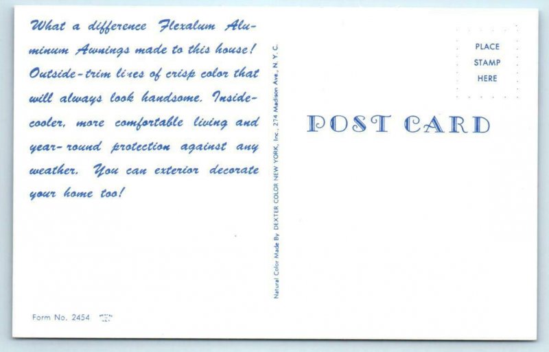 2 Advertising Postcards FLEXALUM ALUMINUM AWNINGS ca 1960s