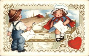 VALENTINE Little Girl Brings Valentine To Boy EMBOSSED c1910 Postcard