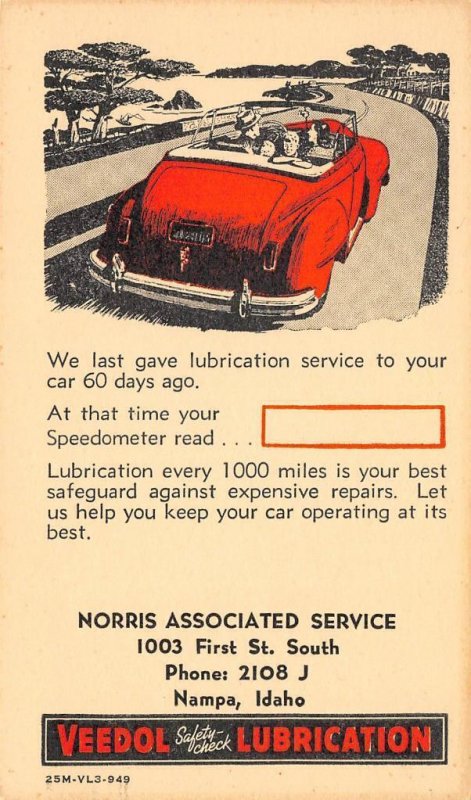 Norris Associated Service, Nampa, Idaho Veedol Oil 1950s Car Ad Vintage Postcard