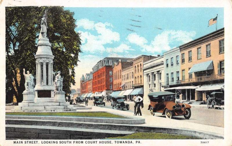 Towanda Pennsylvania Main Street Scene Monument Antique Postcard K27179