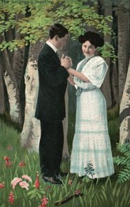 Vintage Postcard 1910's The Arranged Meeting Man & Woman in Love Among Trees