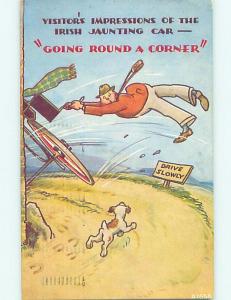 Pre-Linen comic DOG CHASES AFTER IRISH JOHN TANK CAR ROUNDING CORNER HL2861