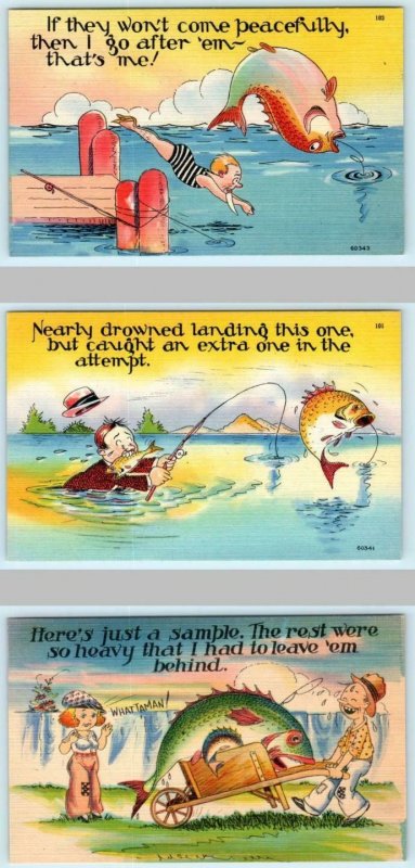 3 Postcards FISHING COMICS Exaggeration Wheelbarrow  c1940s Linens