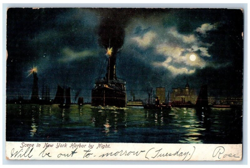 1908 Scene In New York Harbor By Night Steamer Ship Moonlight View Postcard 