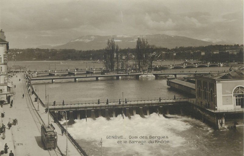 Postcard Switzerland Geneve quai des Berques et le barrage du Rhone tram bridge