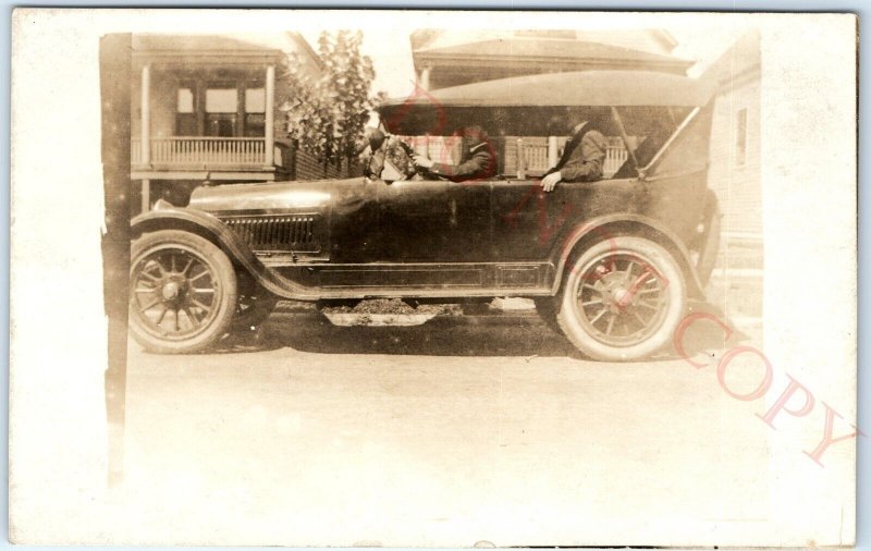 c1910s Men in Touring Car Side RPPC Street View Real Photo Auto Postcard A128