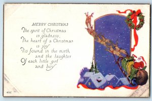 c1910's Christmas Poem Santa Claus And Reindeer Sleigh Snow Winter Postcard