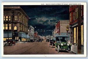 1917 Manitowoc Wisconsin South Eighth Street At Night Cars Hotel Howard Postcard