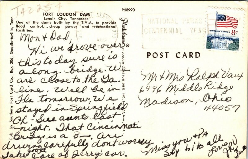 Fort Loudon Dam Lenoir City Tennessee TN VTG Postcard PM Cancel WOB Note 