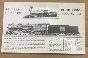 VINTAGE .01 POSTCARD UNUSED - BURLINGTON LOCOMOTIVES - 50 YEARS OF PROGRESS