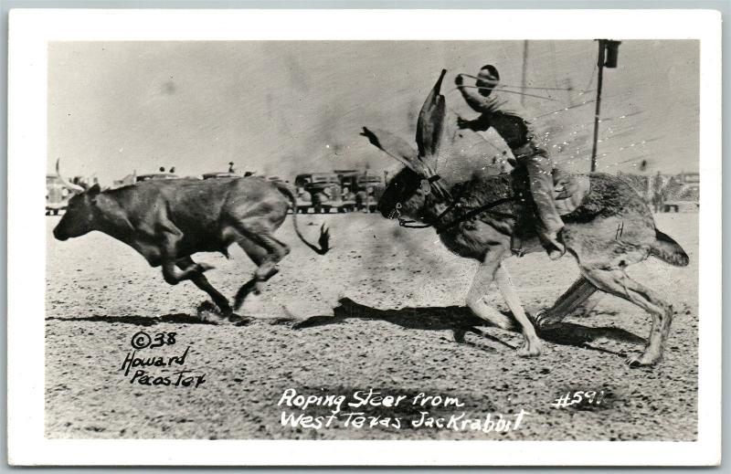 EXAGGERATED ROPING STEEL TEXAS JACK RABBIT 1941 VINTAGE REAL PHOTO POSTCARD RPPC