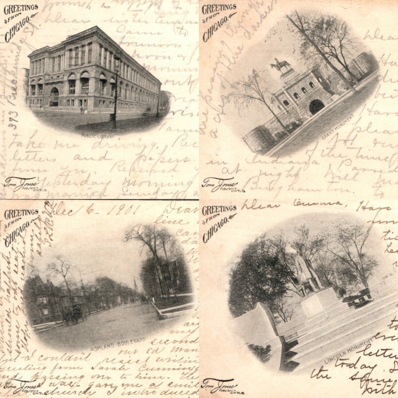 x4 LOT 1901 Chicago Library Tom Jones Postcards Lincoln Ashland Grant Lake A157