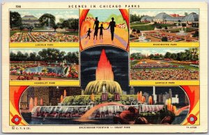 1941 Scenens in Chicago Parks Buckingham Fountain Grant Park Posted Postcard