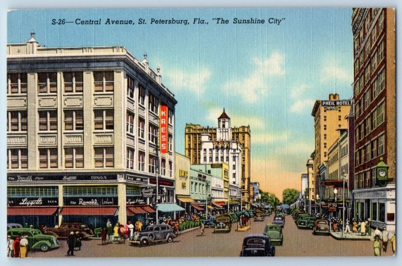 St Petersburg Florida FL Postcard Central Avenue Sunshine City Buildings c1940