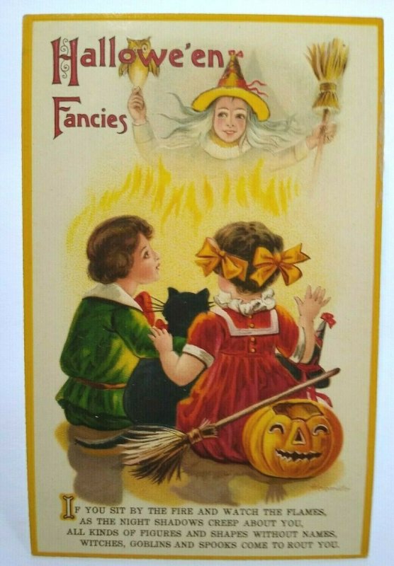 Vintage Halloween Fancies Postcard Aleinmuller Witch Owl Black Cat Embossed 1002