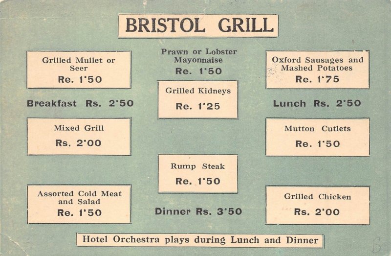 B431 Ceylon Sri Lanka Bristol Hotel Colombo Restaurant Grill Menu Adv postcard