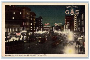 c1940's Clean Heat Gas Jasper Avenue at Night Edmonton Alberta Canada Postcard