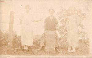 Man and Women State Line Stone Marker? Real Photo Antique Postcard J80412