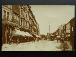 Wales CARDIFF Queen Street showing THEATRE & Animated Street - Old RP Postcard