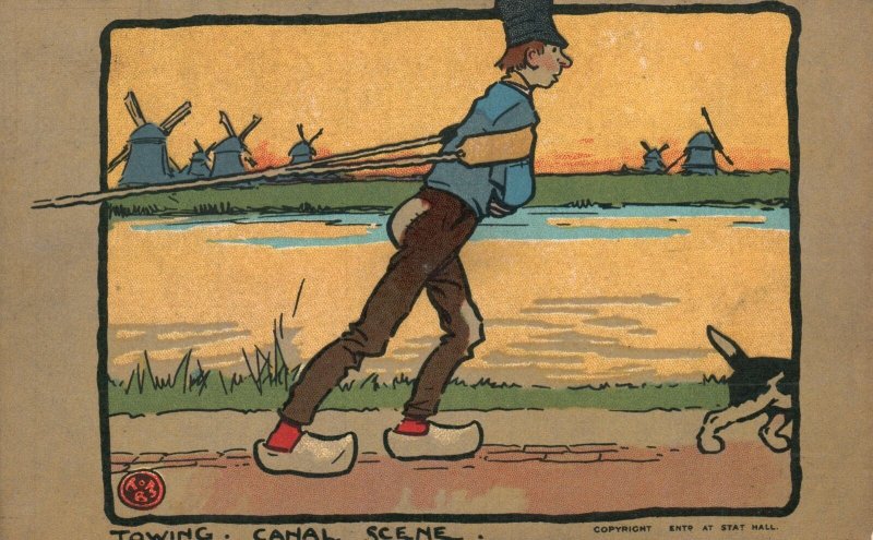 Vintage Postcard 1910's Man Towing Canal Scene Cartoon Comics by Tom Browne