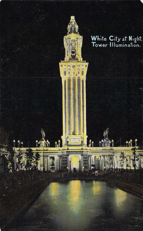Early View, White City Amusement Park Tower, Chicago, IL, at Night,Old Postcard