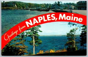 Vtg Greetings from Naples Maine ME Long Lake View Along Causeway Postcard