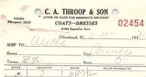 1937 C.A. THROOP & SON COATS-DRESSES CLEVELAND OHIO BILLHEAD STATEMENT Z1383