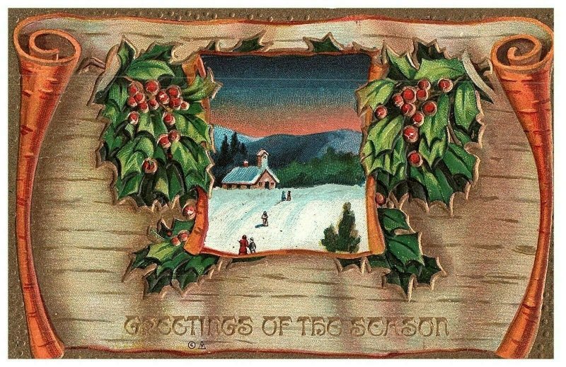 Greetings of the Season Vintage Postcard Holly Snow Scene