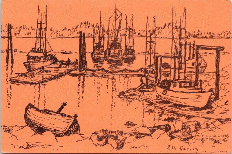 Prince Rupert BC Fairview Docks Ruth Harvey Art Artist Vintage Postcard D56