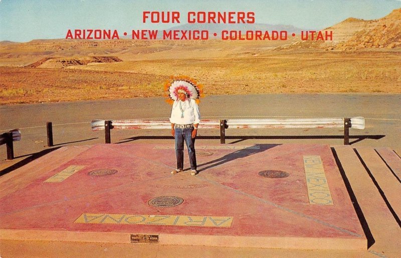 FOUR CORNERS Arizona Utah Navajo Indian Chief Goodluck c1960s Vintage Postcard