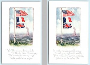 2 Postcards PATRIOTIC FLAGS American, French, British STATUE OF LIBERTY Gibson