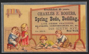 VICTORIAN TRADE CARD Rogers Spring Beds & Bedding Children Around Blackboard