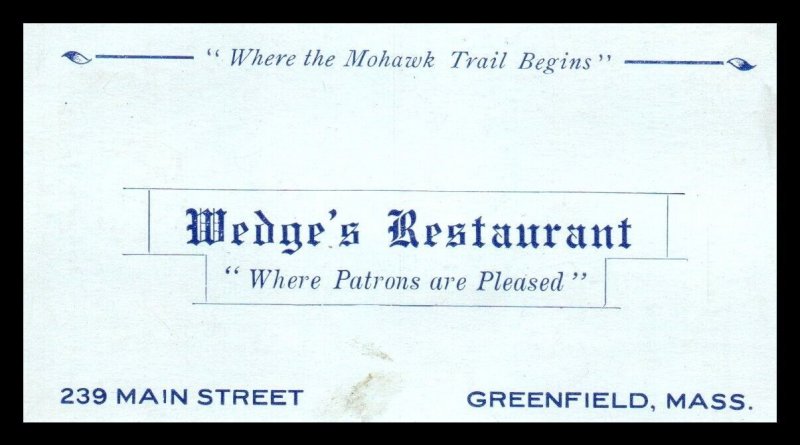 1920s - 1930s Wedge's Restaurant Greenfield MA Mohawk Trail Business Card Ad