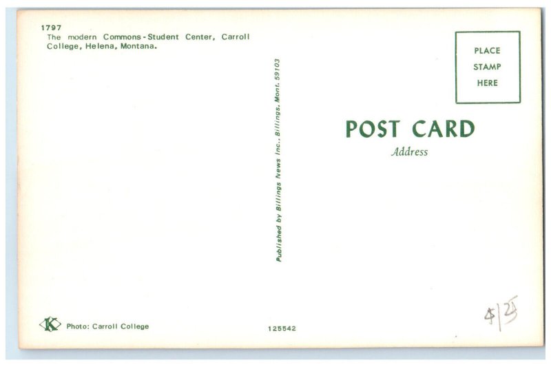 c1960's Modern Commons Student Center Carroll College Helena Montana MT Postcard