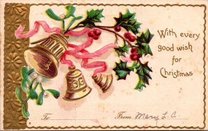 Merry Christmas With Gold Bells and Holly 1906 International Art Publishing