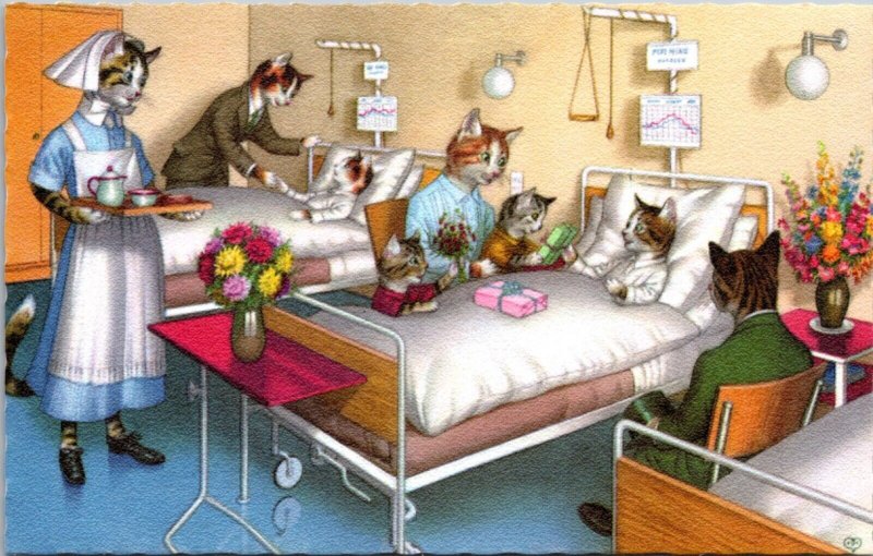 Alfred Mainzer Artwork Postcard Dressed Cats Visiting Sick Kittens in Hospital