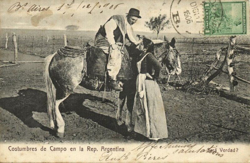 argentina, Costumbres de Campo, Man on Horseback, Woman (1906) Postcard