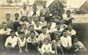 Children camping group Photo Girl holding Kitten C-1910 Photo Postcard 21-535