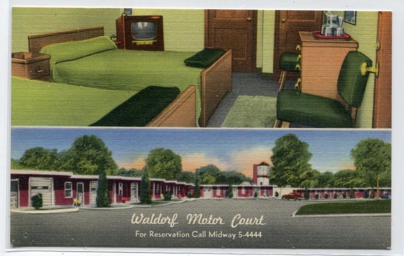 Waldorf Motor Court Motel Interior TV Exterior Maryland linen postcard