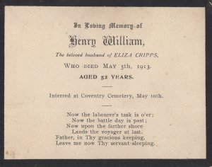 Coventry Cemetary Henry William Eliza Cripps 1913 Funeral Card