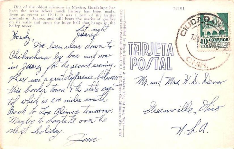 Old Mission Guadalupe Ciudad Juarez Mexico Tarjeta Postal 1945 