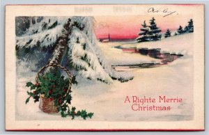 Holiday~A Right Merry Christmas~Holly & Winter Landscape~Made In USA~Vintage PC